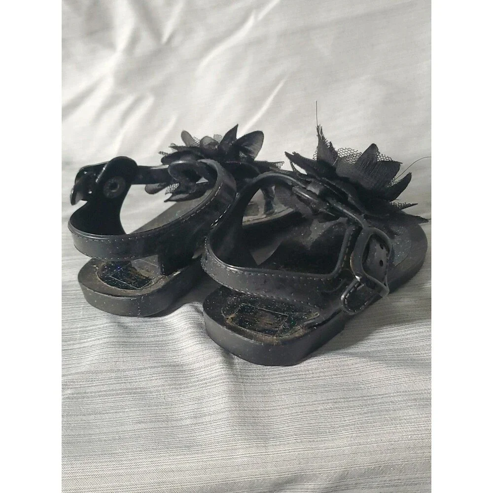Baby Girl Black Jelly Sandals‎ W/Flower (Size 3) Spring/Summer/Easter/Beach - Picture 5 of 16